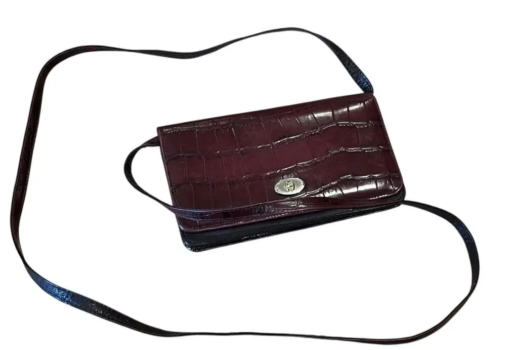 Vtg ETIENNE AIGNER Genuine Leather Croc Print Wallet / Crossbody Purse Oxblood